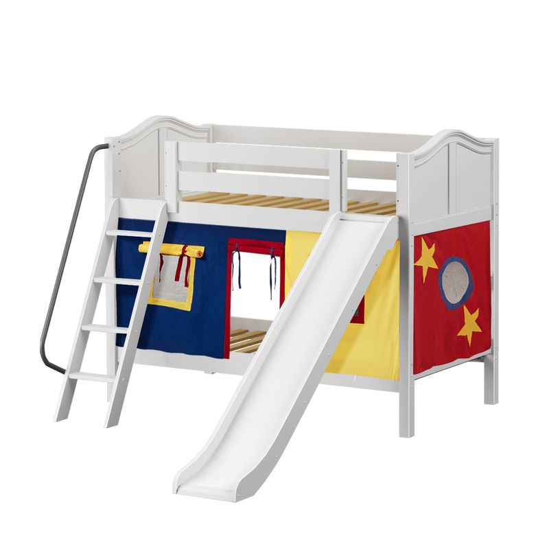 Maxtrix Twin Low Bunk Bed with Angled Ladder, Curtain + Slide