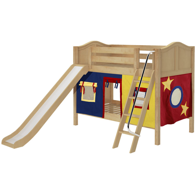 Maxtrix Twin Low Bunk Bed with Angled Ladder, Curtain + Slide