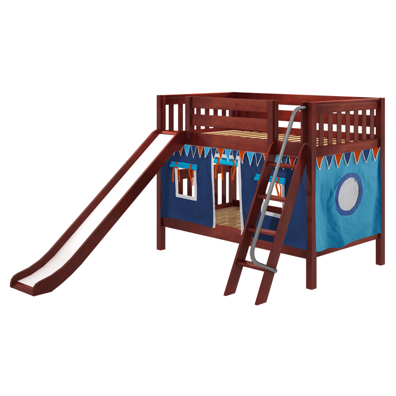 Maxtrix Twin Low Bunk Bed with Angled Ladder, Curtain + Slide