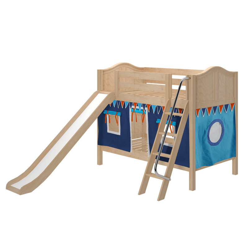 Maxtrix Twin Low Bunk Bed with Angled Ladder, Curtain + Slide