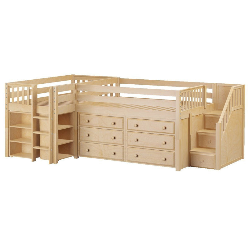 Maxtrix Twin Full Low Corner Loft Bed with Ladder, Stairs + Storage