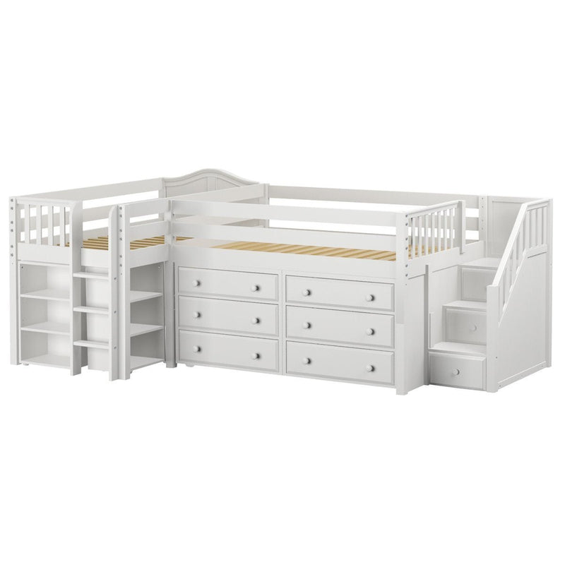 Maxtrix Twin Full Low Corner Loft Bed with Ladder, Stairs + Storage