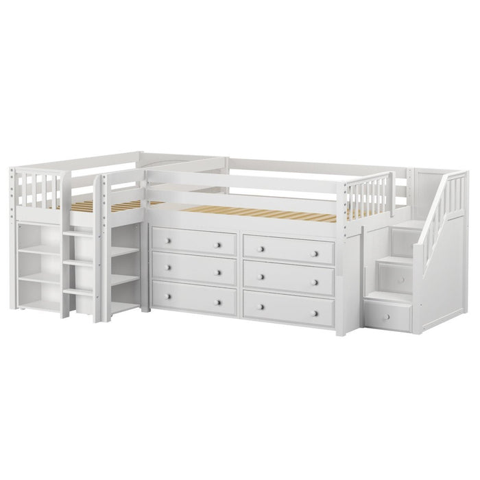 Maxtrix Twin Full Low Corner Loft Bed with Ladder, Stairs + Storage
