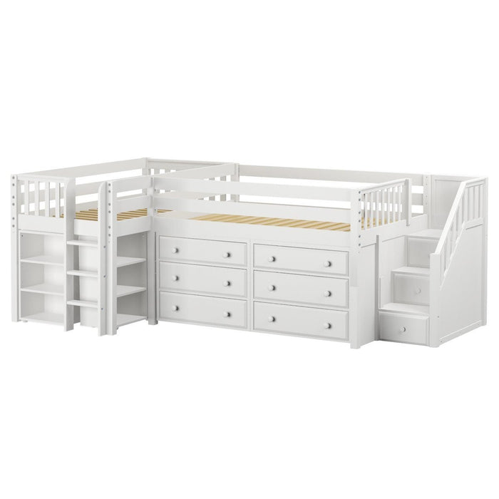 Maxtrix Twin Full Low Corner Loft Bed with Ladder, Stairs + Storage