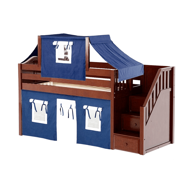 Maxtrix Twin Low Loft Bed with Stairs, Curtain + Top Tent