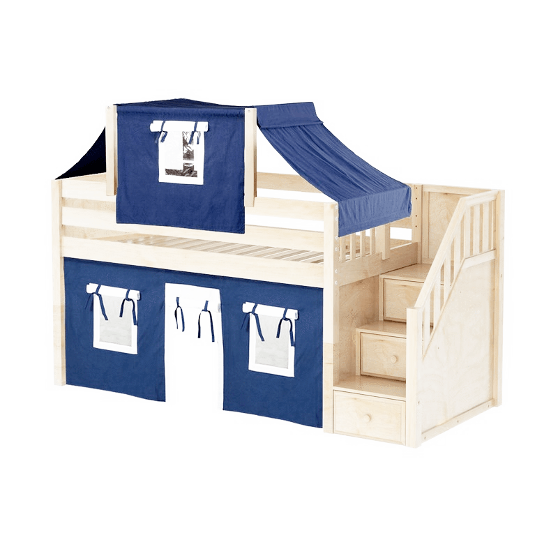 Maxtrix Twin Low Loft Bed with Stairs, Curtain + Top Tent