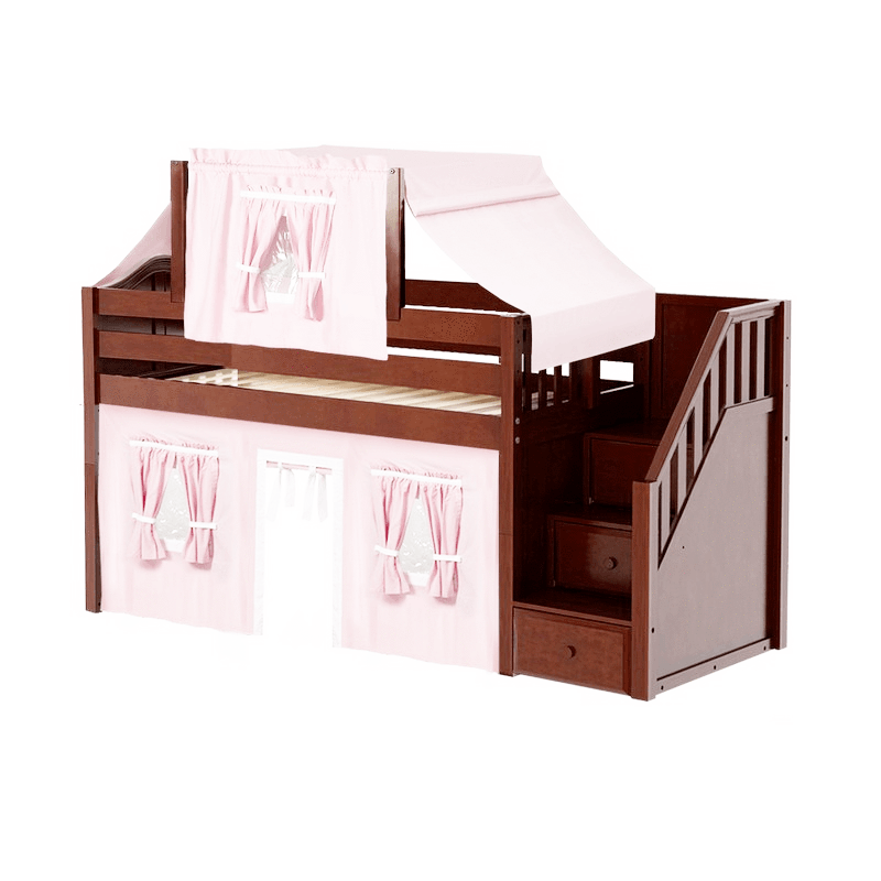 Maxtrix Twin Low Loft Bed with Stairs, Curtain + Top Tent