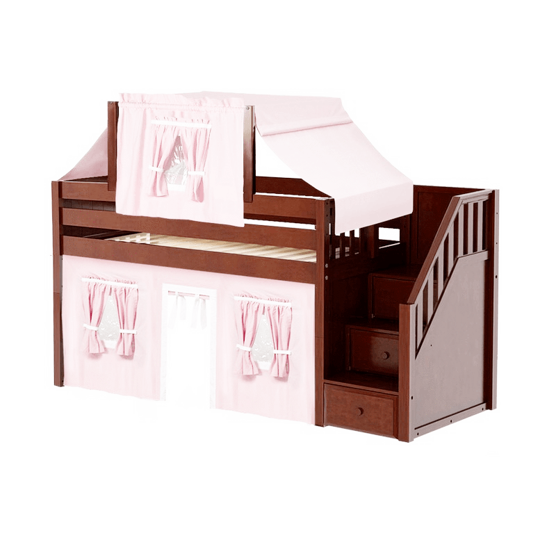 Maxtrix Twin Low Loft Bed with Stairs, Curtain + Top Tent