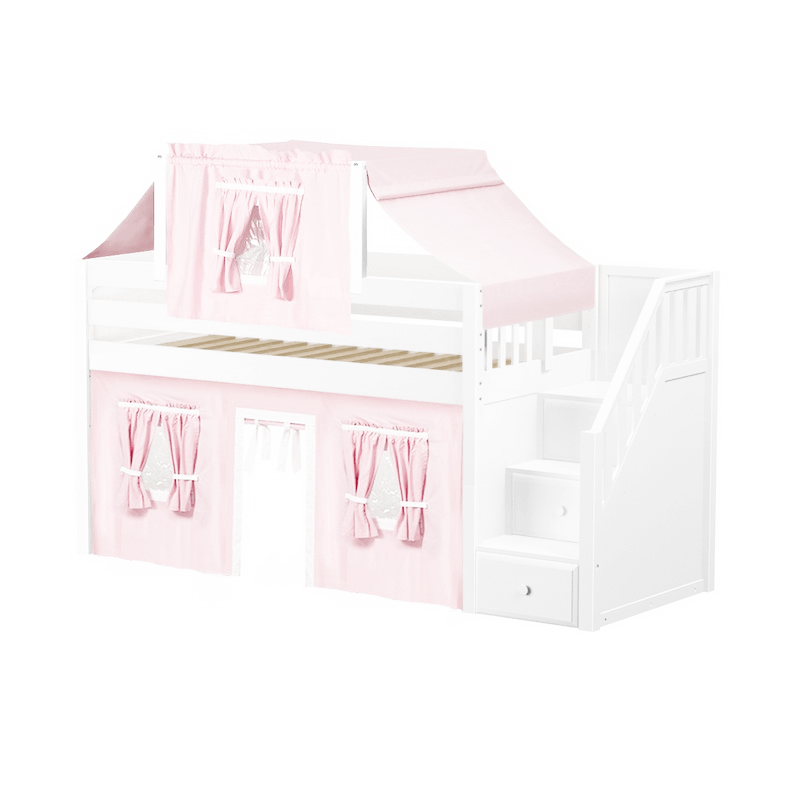 Maxtrix Twin Low Loft Bed with Stairs, Curtain + Top Tent