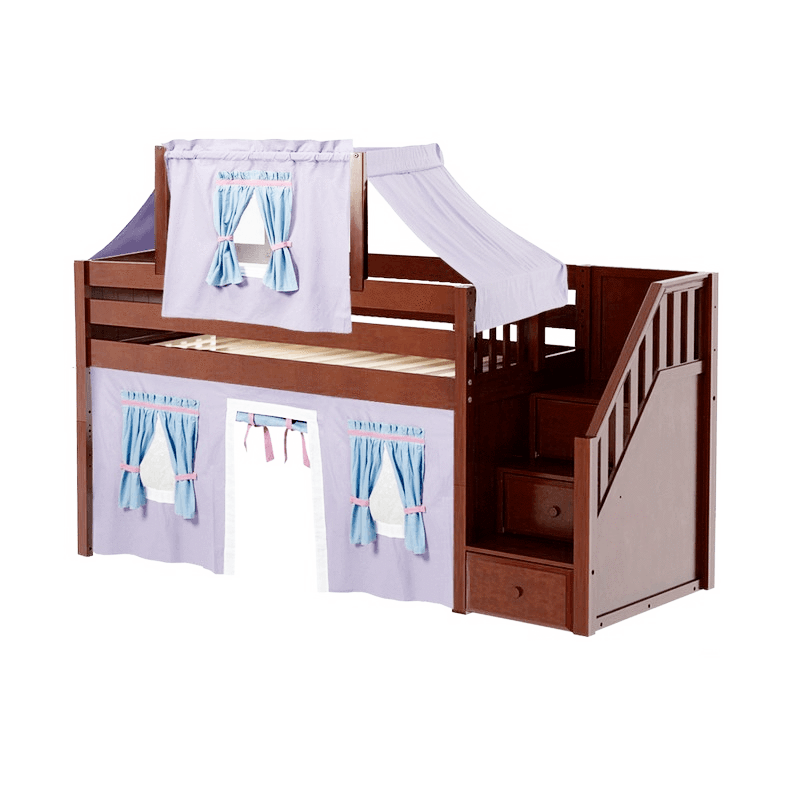 Maxtrix Twin Low Loft Bed with Stairs, Curtain + Top Tent