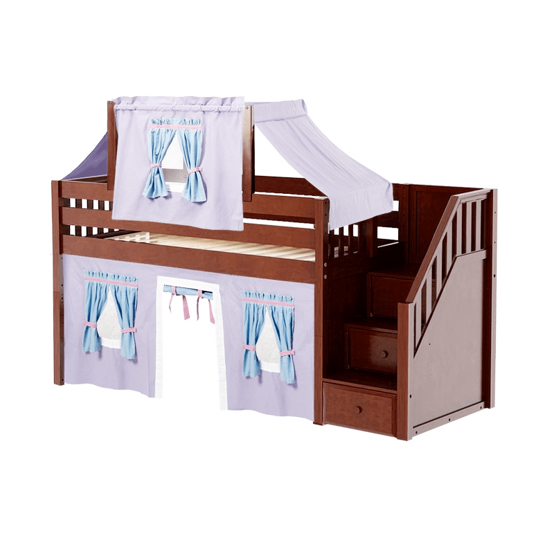 Maxtrix Twin Low Loft Bed with Stairs, Curtain + Top Tent