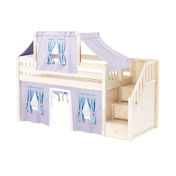 Maxtrix Twin Low Loft Bed with Stairs, Curtain + Top Tent