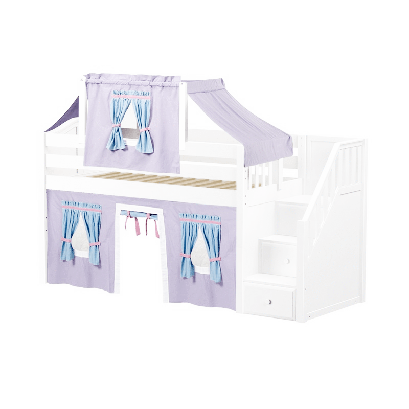 Maxtrix Twin Low Loft Bed with Stairs, Curtain + Top Tent