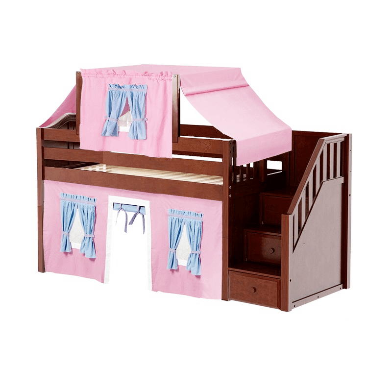 Maxtrix Twin Low Loft Bed with Stairs, Curtain + Top Tent