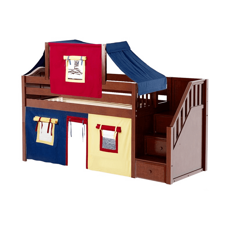 Maxtrix Twin Low Loft Bed with Stairs, Curtain + Top Tent