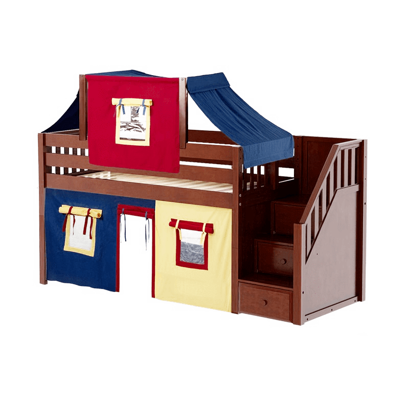 Maxtrix Twin Low Loft Bed with Stairs, Curtain + Top Tent