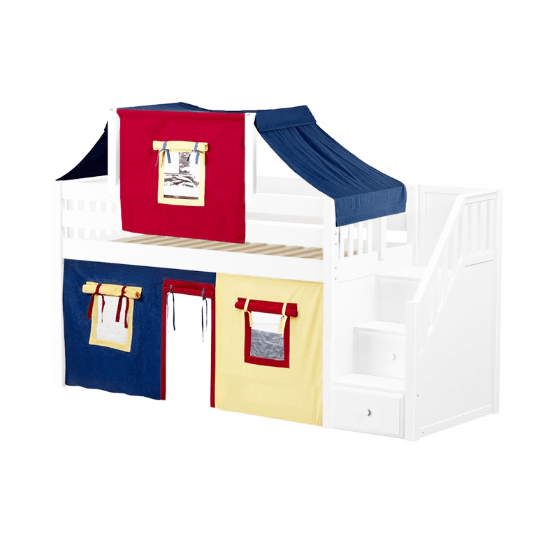 Maxtrix Twin Low Loft Bed with Stairs, Curtain + Top Tent