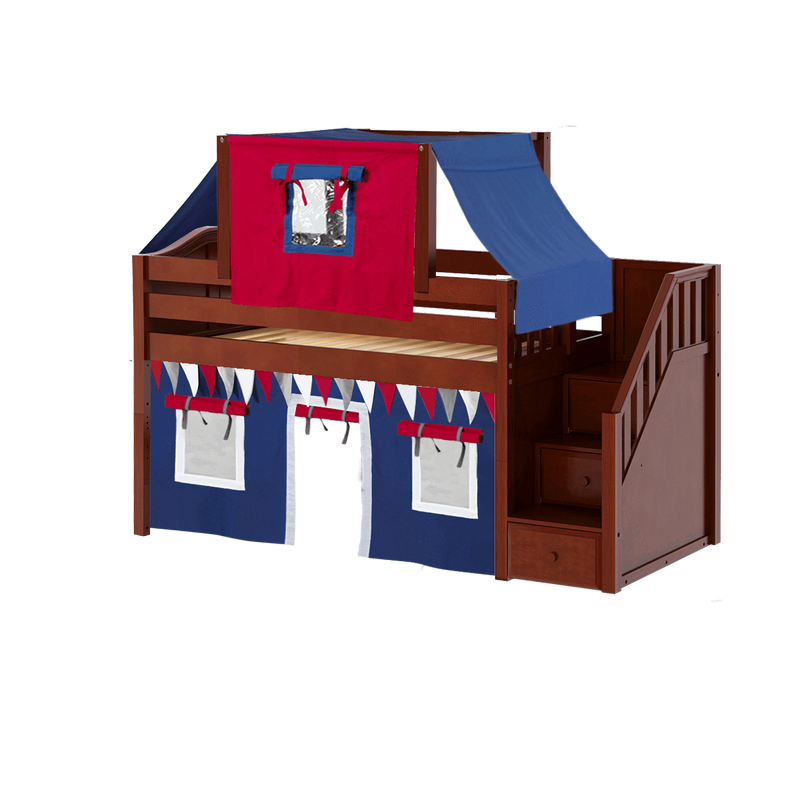 Maxtrix Twin Low Loft Bed with Stairs, Curtain + Top Tent