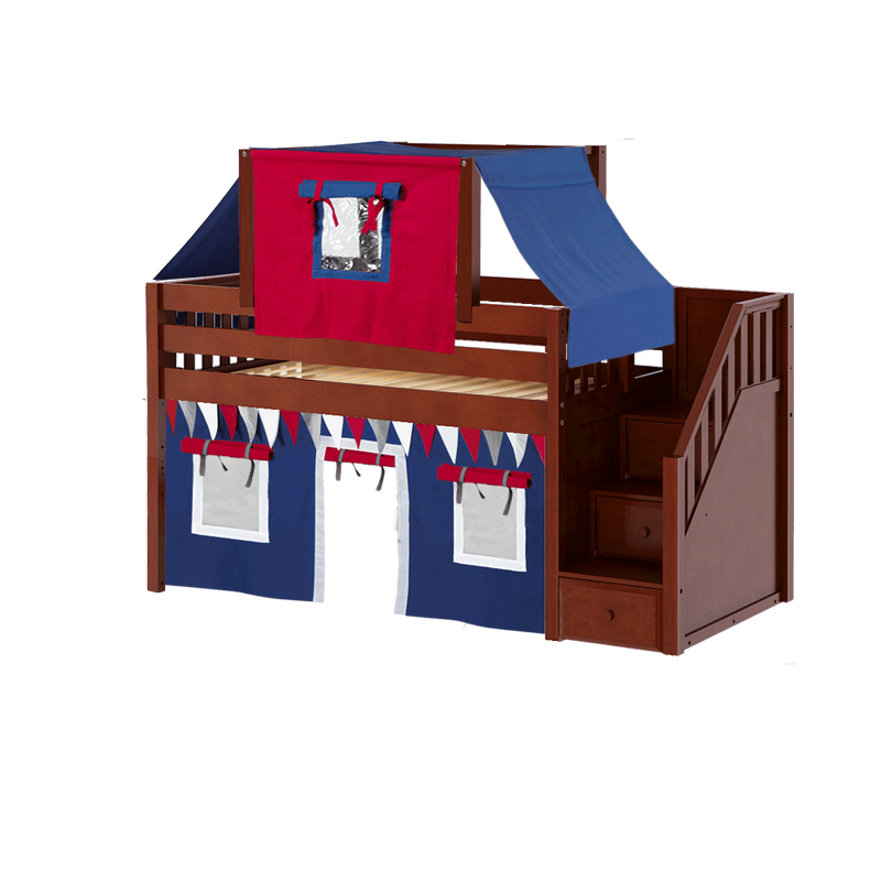 Maxtrix Twin Low Loft Bed with Stairs, Curtain + Top Tent