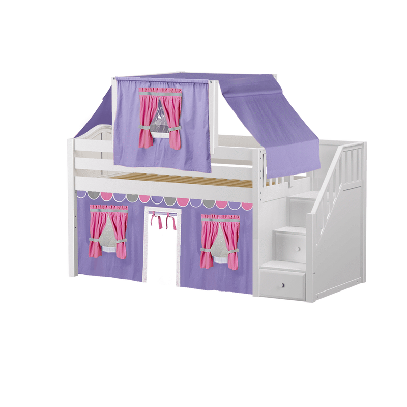 Maxtrix Twin Low Loft Bed with Stairs, Curtain + Top Tent