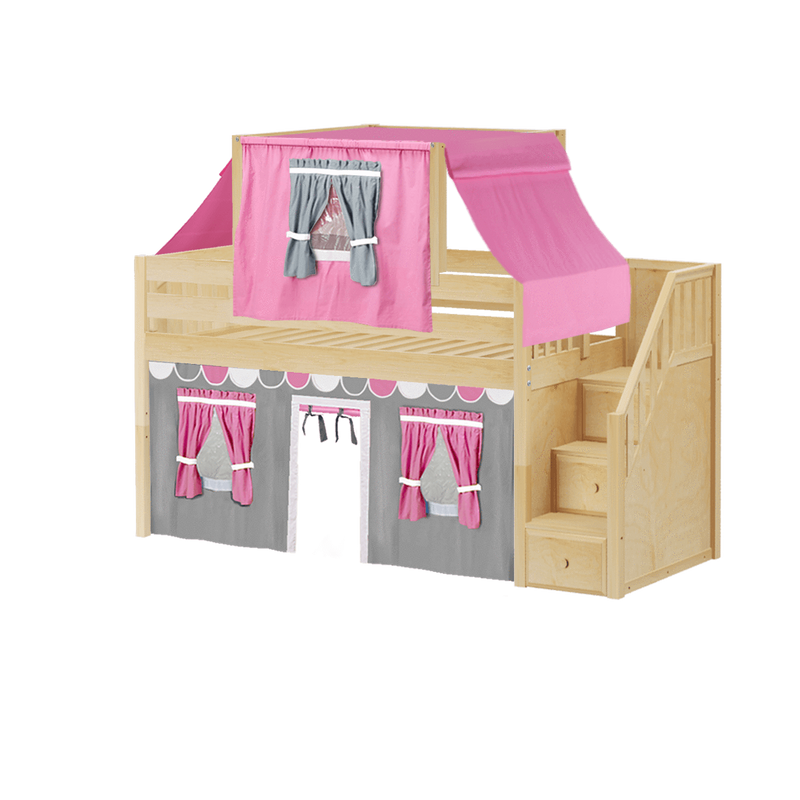 Maxtrix Twin Low Loft Bed with Stairs, Curtain + Top Tent