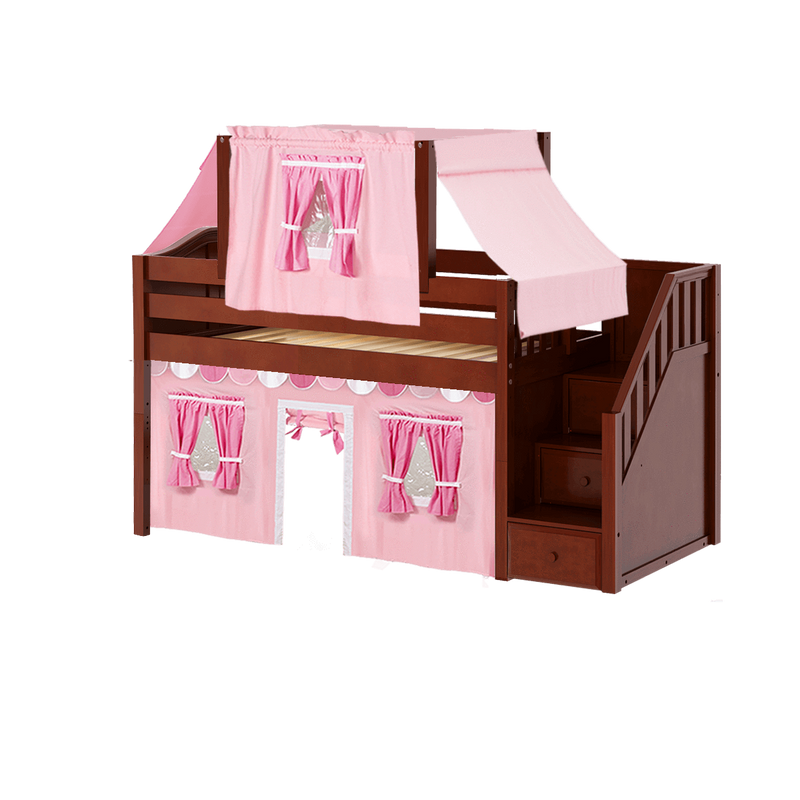 Maxtrix Twin Low Loft Bed with Stairs, Curtain + Top Tent