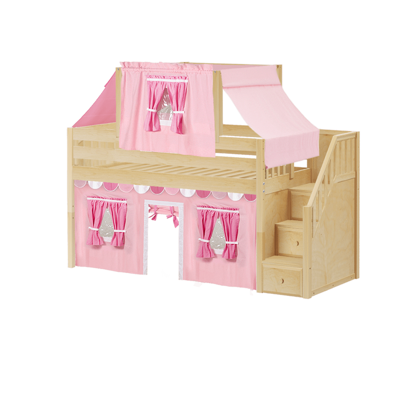 Maxtrix Twin Low Loft Bed with Stairs, Curtain + Top Tent