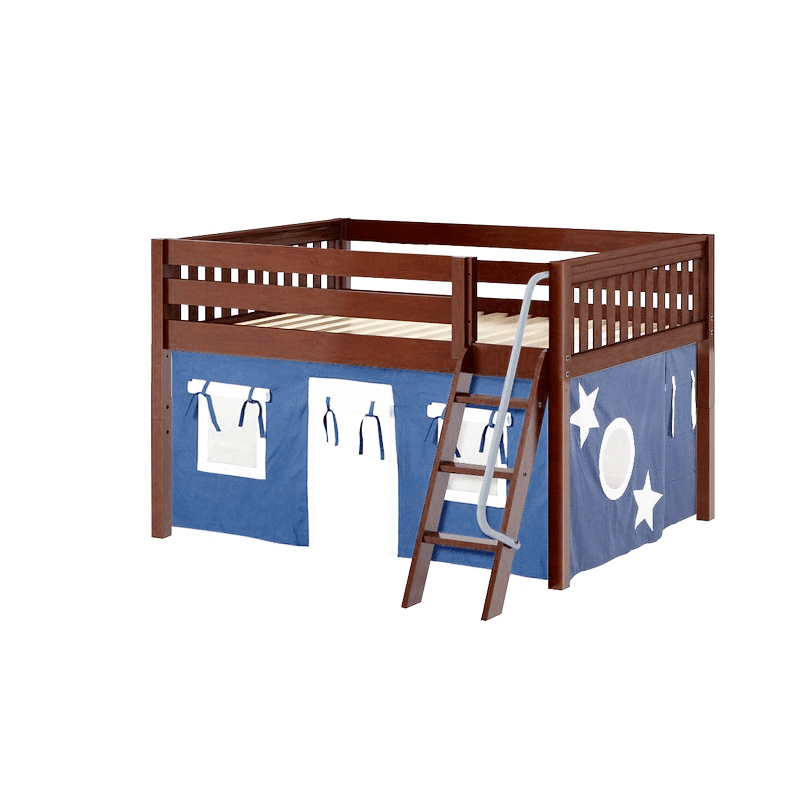 Maxtrix Full Low Loft Bed with Angled Ladder + Curtain