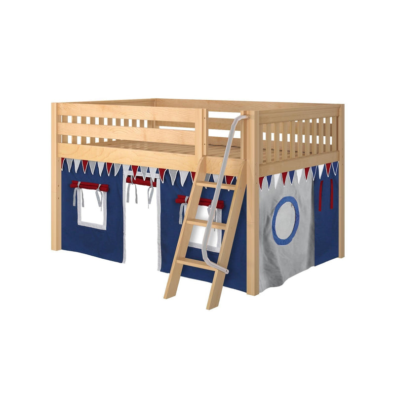 Maxtrix Full Low Loft Bed with Angled Ladder + Curtain