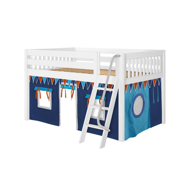 Maxtrix Full Low Loft Bed with Angled Ladder + Curtain
