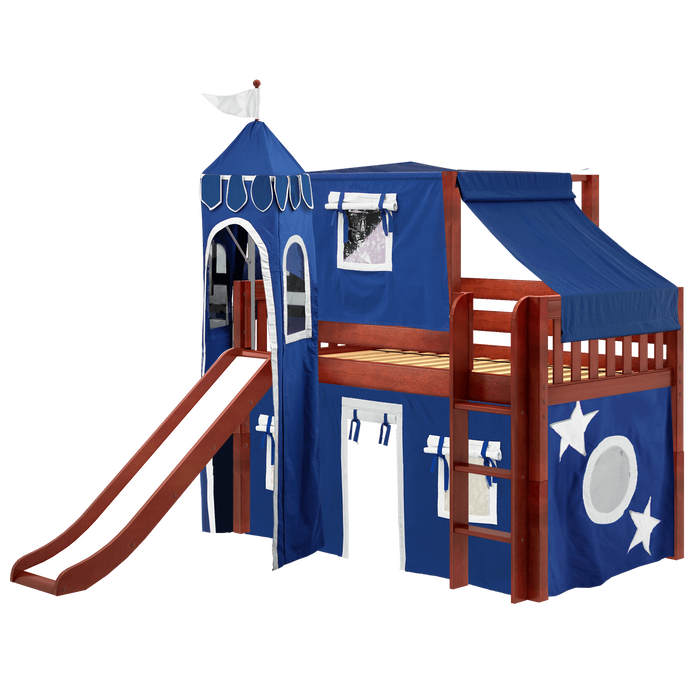 Maxtrix Twin Low Loft Bed with Straight Ladder, Curtain, Top Tent, Tower + Slide