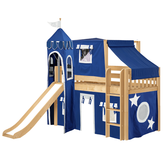 Maxtrix Twin Low Loft Bed with Straight Ladder, Curtain, Top Tent, Tower + Slide