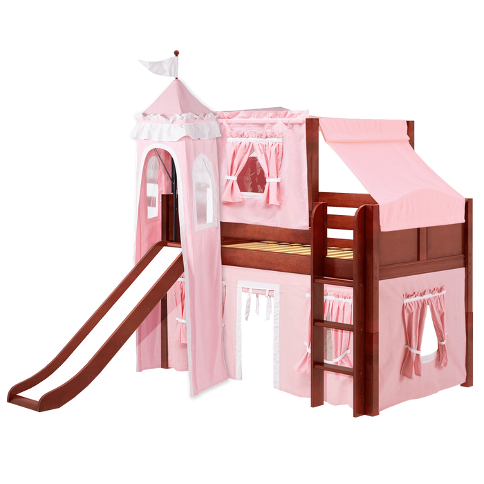 Maxtrix Twin Low Loft Bed with Straight Ladder, Curtain, Top Tent, Tower + Slide