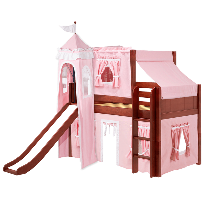 Maxtrix Twin Low Loft Bed with Straight Ladder, Curtain, Top Tent, Tower + Slide