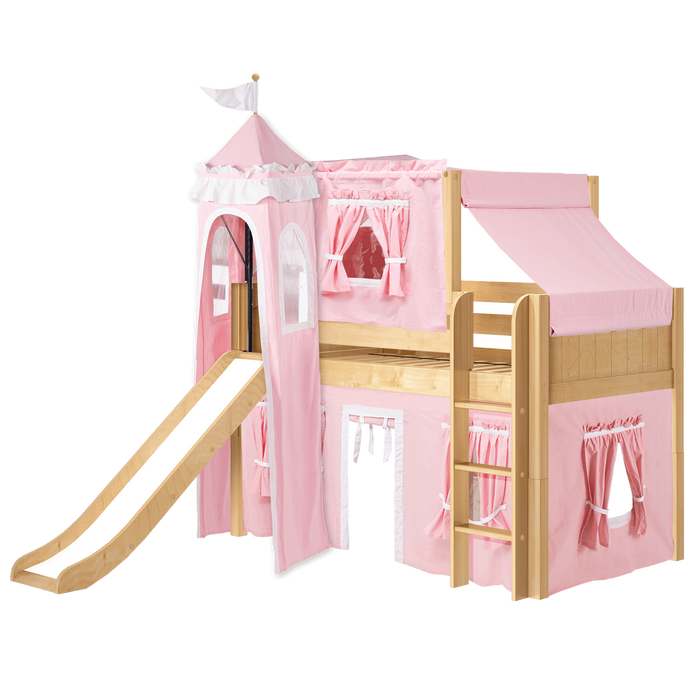 Maxtrix Twin Low Loft Bed with Straight Ladder, Curtain, Top Tent, Tower + Slide