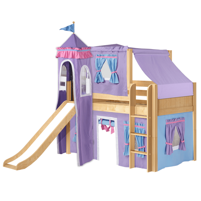 Maxtrix Twin Low Loft Bed with Straight Ladder, Curtain, Top Tent, Tower + Slide