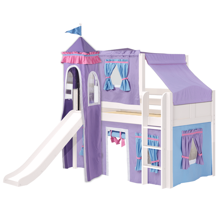 Maxtrix Twin Low Loft Bed with Straight Ladder, Curtain, Top Tent, Tower + Slide