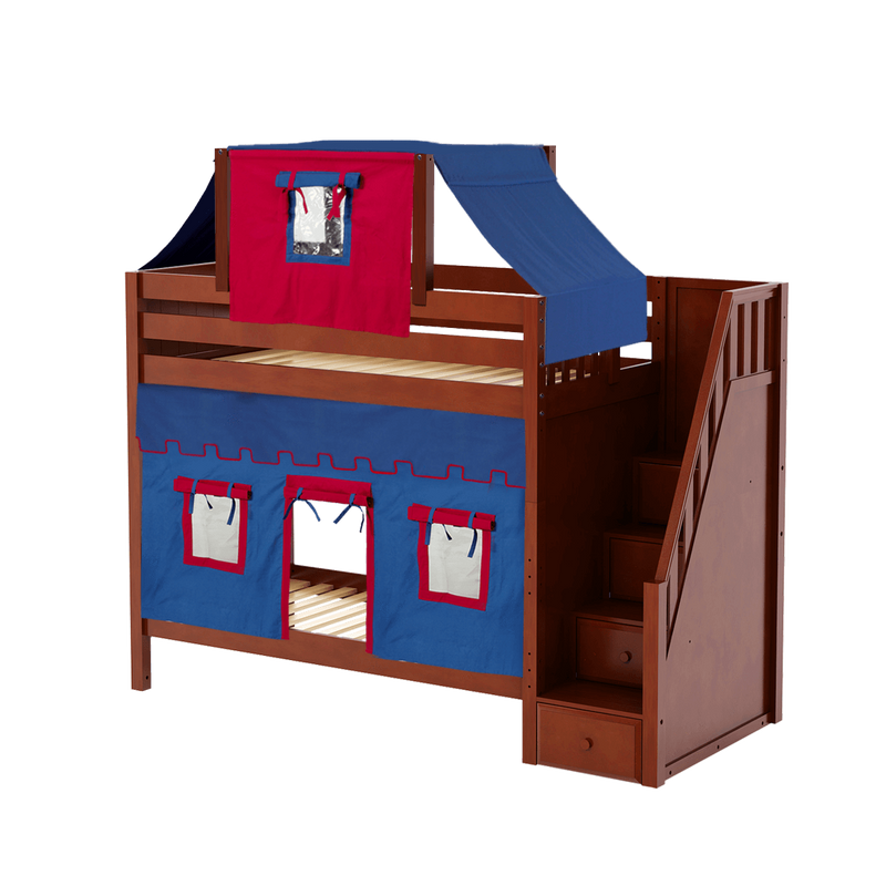 Maxtrix Twin High Bunk Bed with Stairs, Curtain + Top Tent
