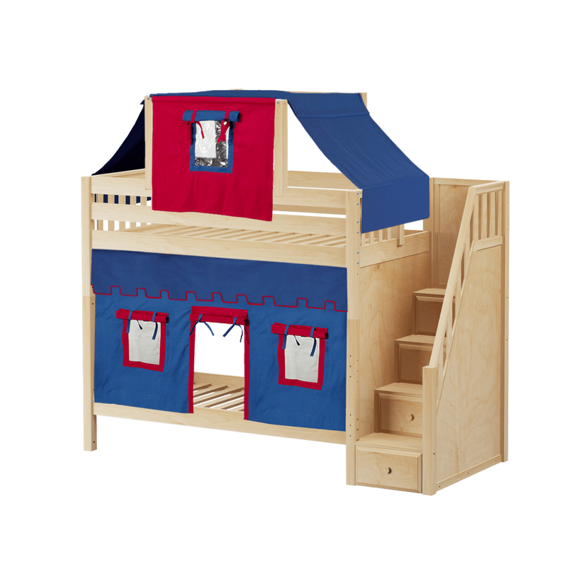 Maxtrix Twin High Bunk Bed with Stairs, Curtain + Top Tent
