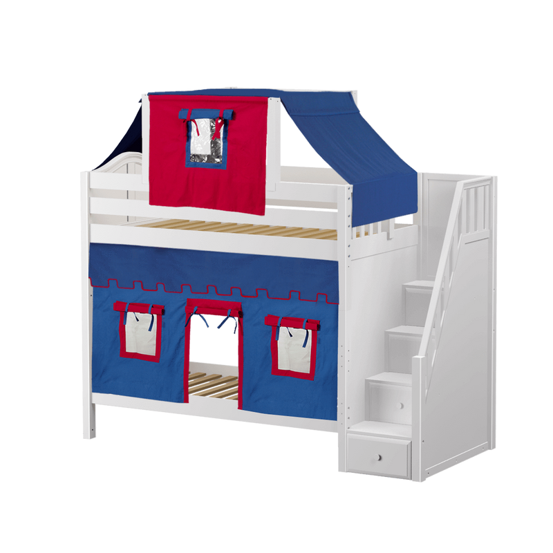 Maxtrix Twin High Bunk Bed with Stairs, Curtain + Top Tent