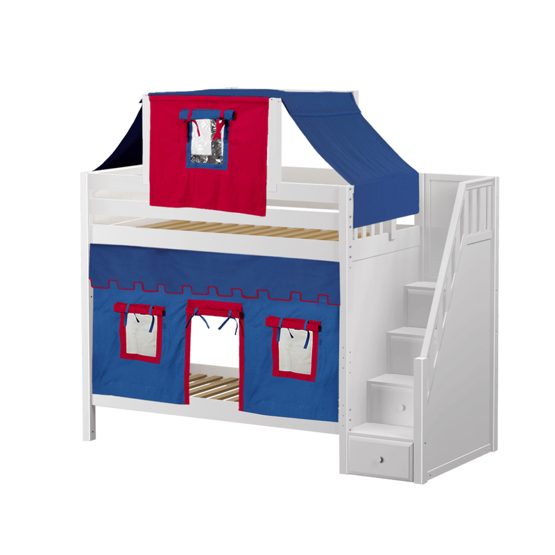 Maxtrix Twin High Bunk Bed with Stairs, Curtain + Top Tent