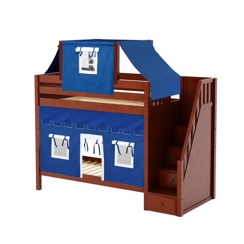Maxtrix Twin High Bunk Bed with Stairs, Curtain + Top Tent
