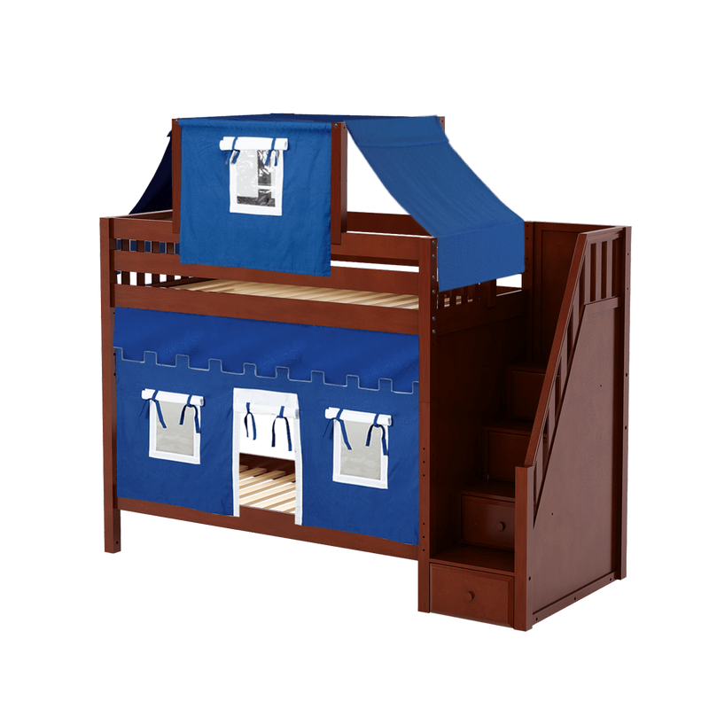 Maxtrix Twin High Bunk Bed with Stairs, Curtain + Top Tent