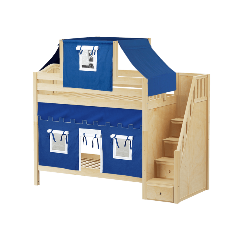Maxtrix Twin High Bunk Bed with Stairs, Curtain + Top Tent