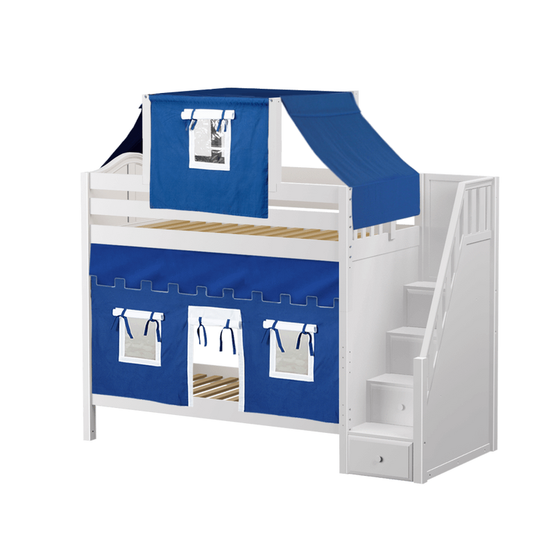 Maxtrix Twin High Bunk Bed with Stairs, Curtain + Top Tent