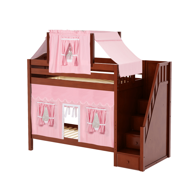 Maxtrix Twin High Bunk Bed with Stairs, Curtain + Top Tent