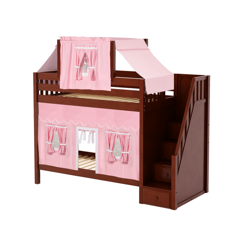 Maxtrix Twin High Bunk Bed with Stairs, Curtain + Top Tent