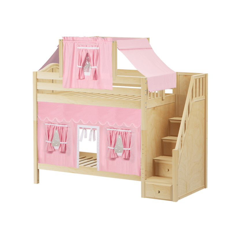 Maxtrix Twin High Bunk Bed with Stairs, Curtain + Top Tent