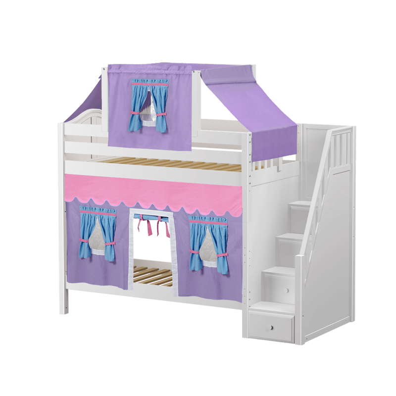 Maxtrix Twin High Bunk Bed with Stairs, Curtain + Top Tent