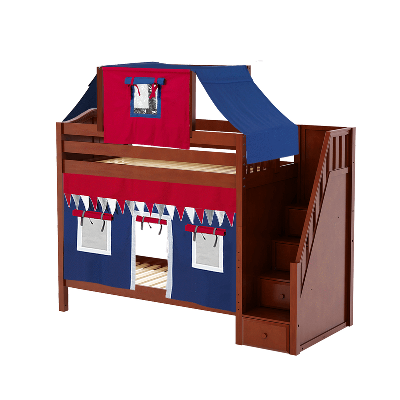 Maxtrix Twin High Bunk Bed with Stairs, Curtain + Top Tent